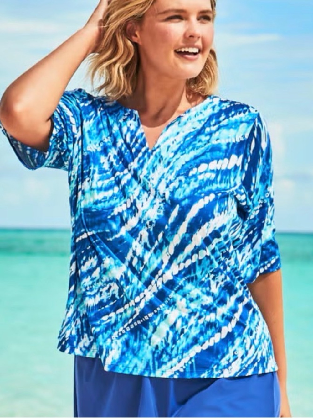Plus Size Blue Tie-Dye V-Neck Swim Cover-Up Tee Top 26 28 3X Swimsuits For All